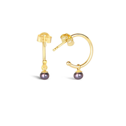 dainty pearl drop hoop earrings in midnight gold
