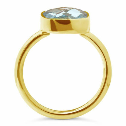 blue topaz cocktail ring in gold on a white background