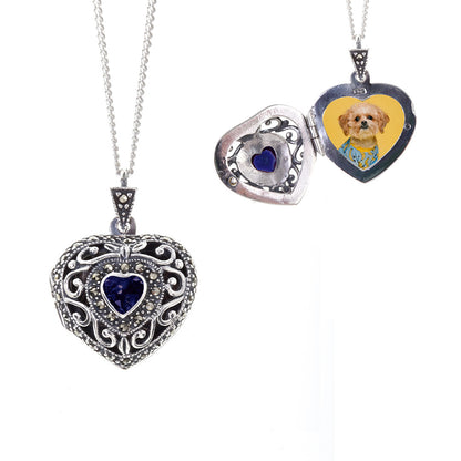 Sapphire Vintage Heart Locket | Silver