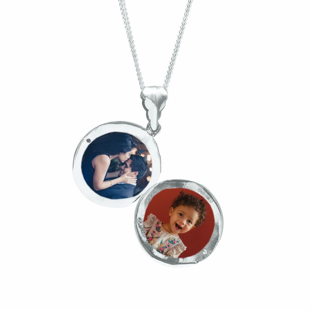 men's round locket necklace in silver with photos inside
