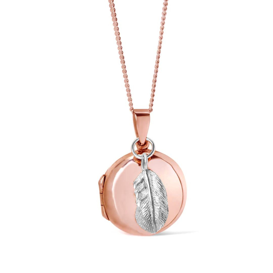 rose gold feather locket with silver feather charm on a white background