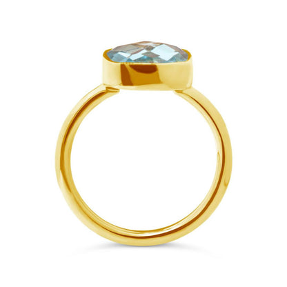 blue topaz cocktail ring in gold on a white background