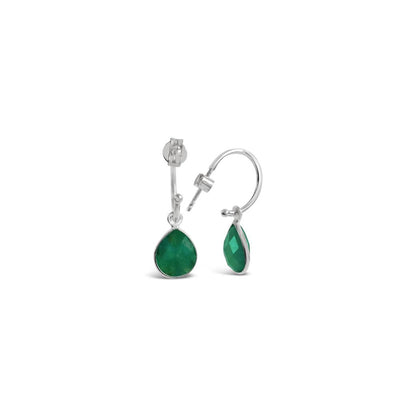 emerald drop hoop earrings in silver on a white background