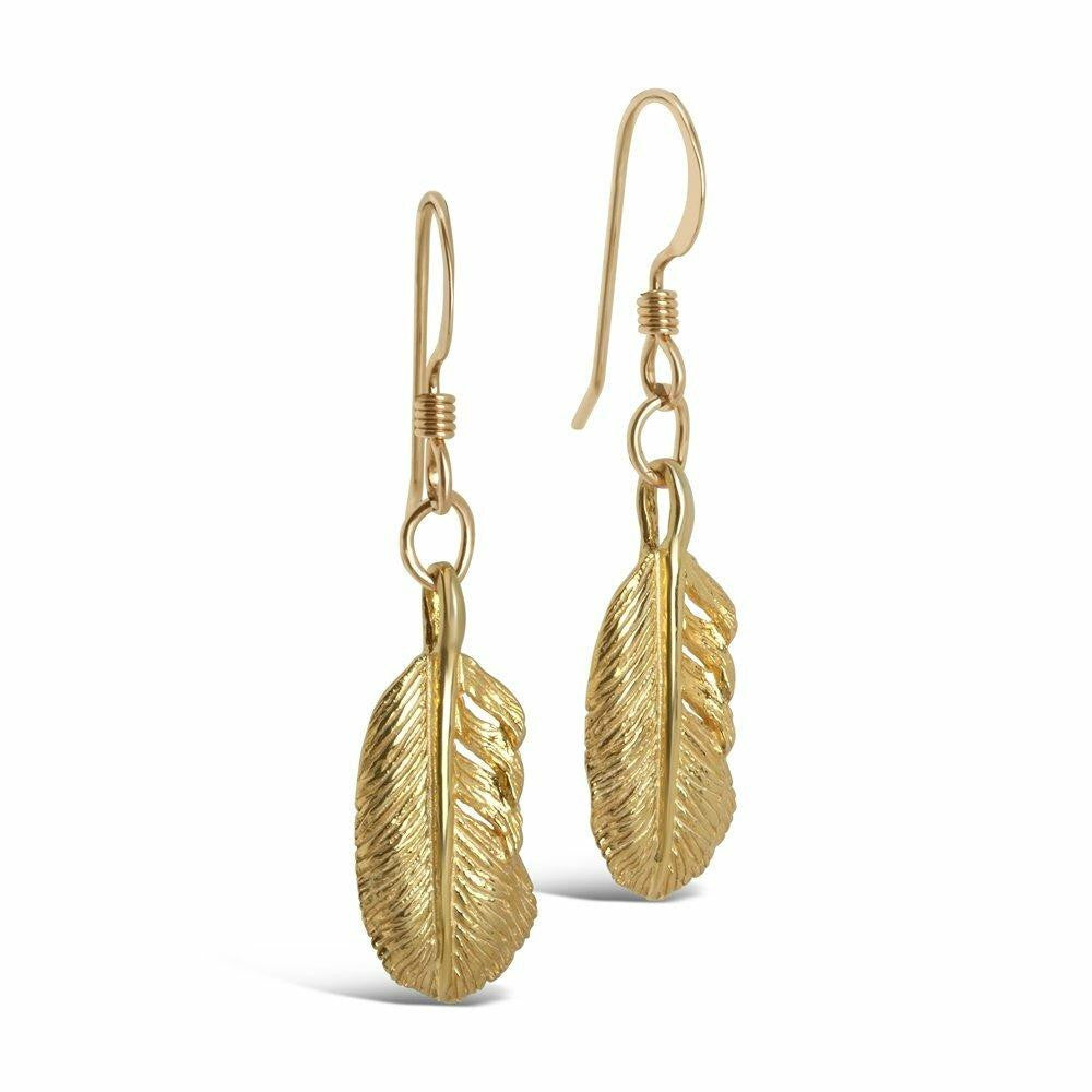 feather earrings in gold on a white background