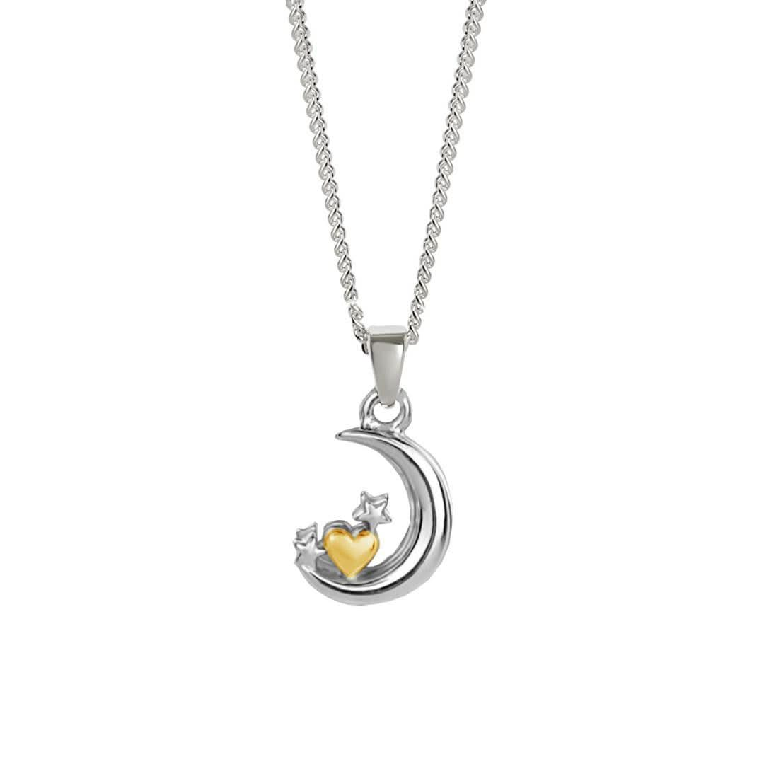 crescent moon and stars charm necklace on a white background