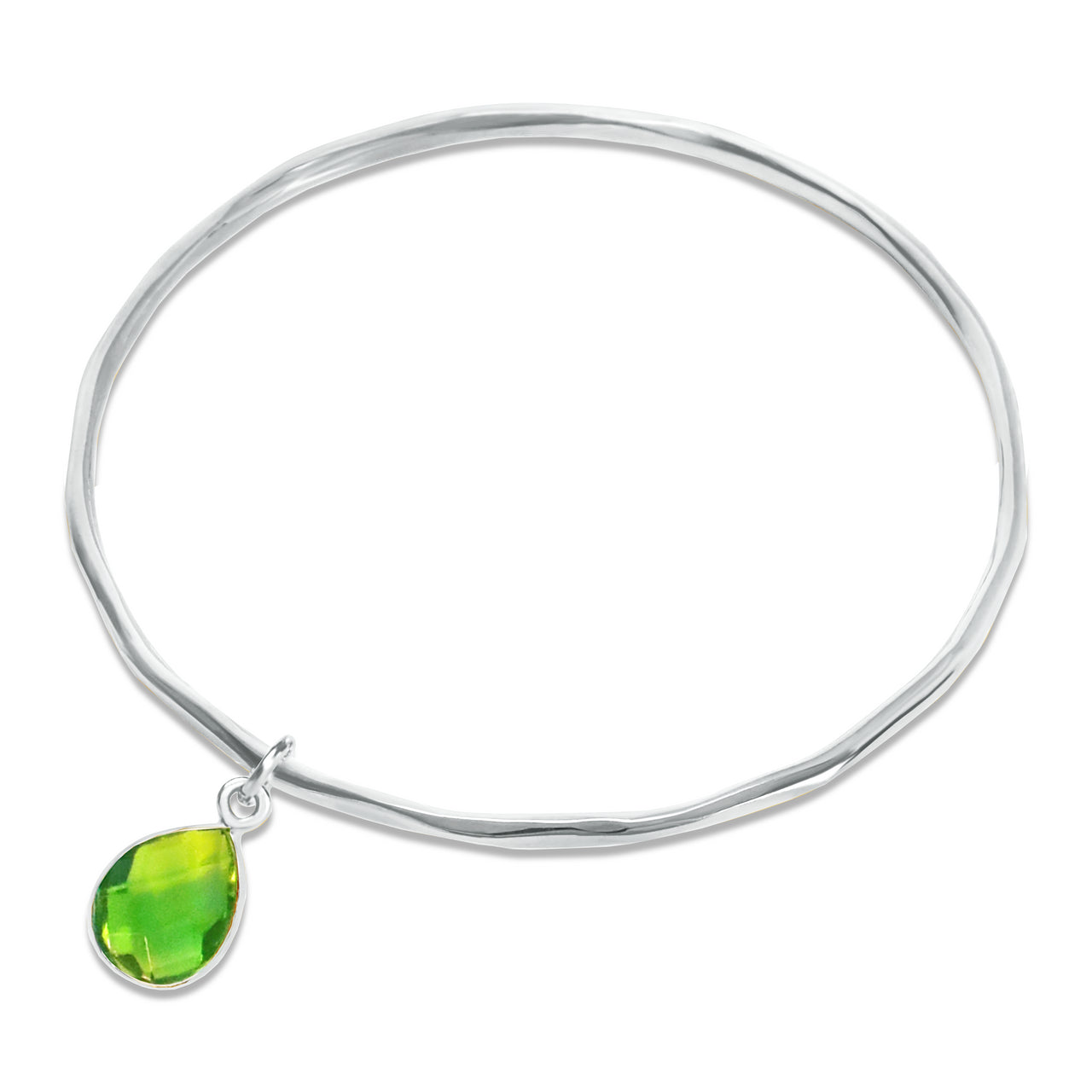 peridot charm bangle in silver on a white background