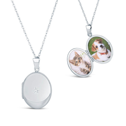 diamond oval locket in white gold with view of inside and outside of locket on a white background