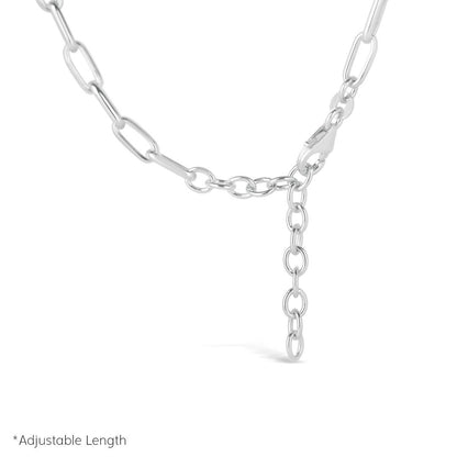 close up of adjustable paperclip chain necklace ion a white background