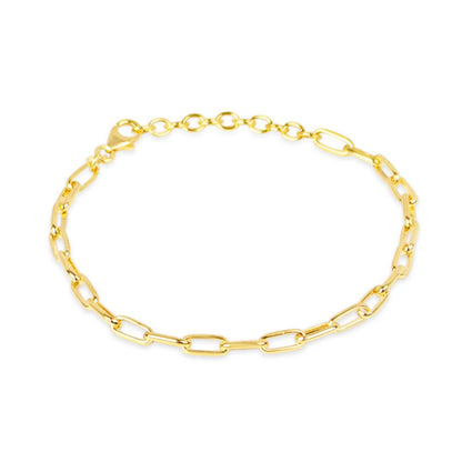 paperclip chain bracelet in gold on a white background