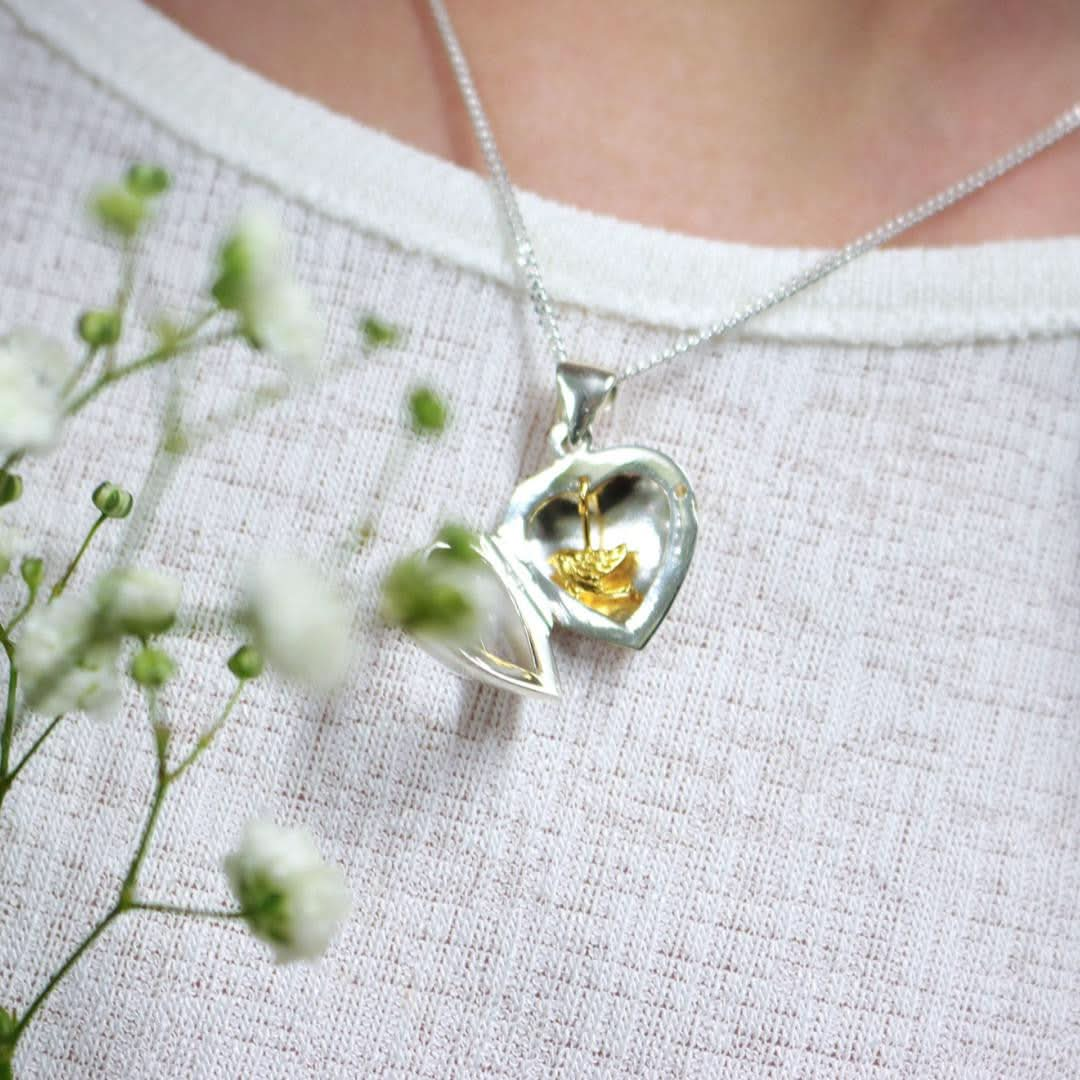 Lily Blanche sterling silver heart locket with gold bird inside modelled