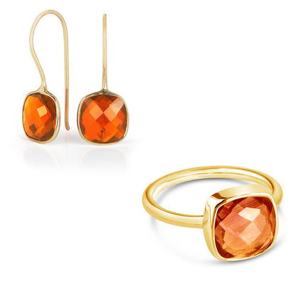 carnelian cocktail ring and carnelian luminous earrings  on a white background