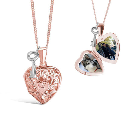 key locket in rose gold with inside and outside view of locket