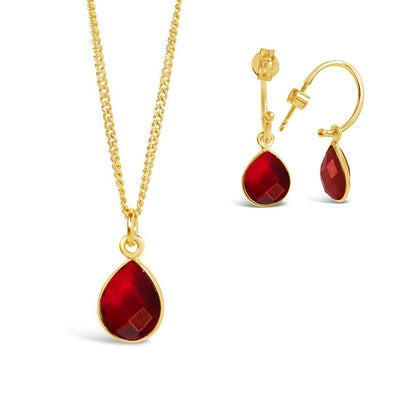 gold garnet hoop earrings and gold garnet necklace