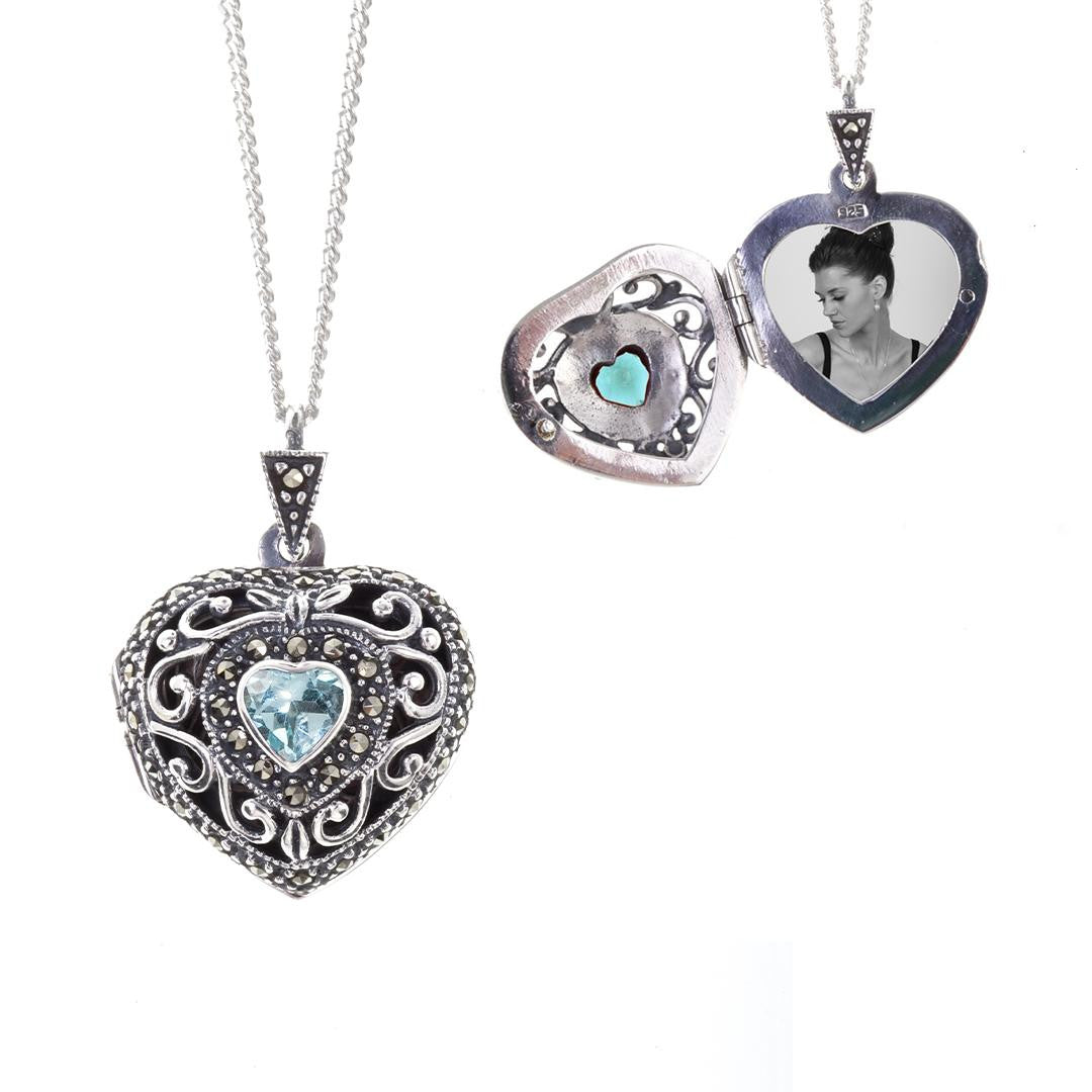 Lily Blanche silver vintage heart locket with topaz gemstone and photo
