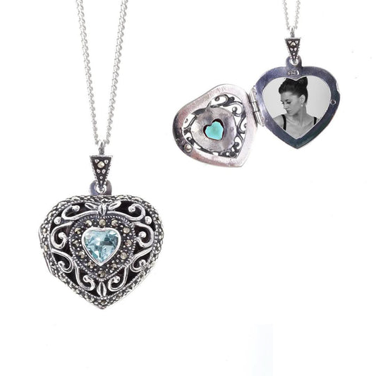 Lily Blanche silver vintage heart locket with topaz gemstone and photo