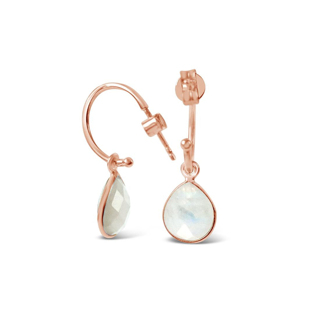 White Quartz Drop Hoop Earrings | Rose Gold - April