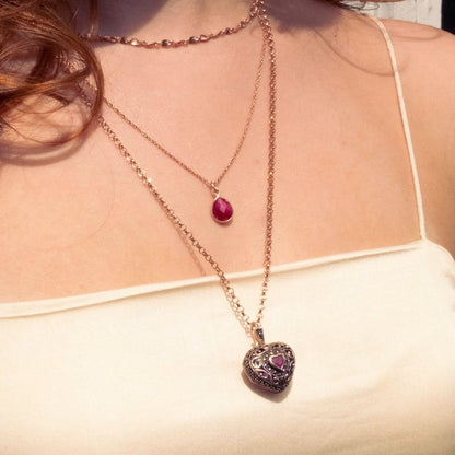 rose gold vintage heart locket necklace layered with a rose gold pendant