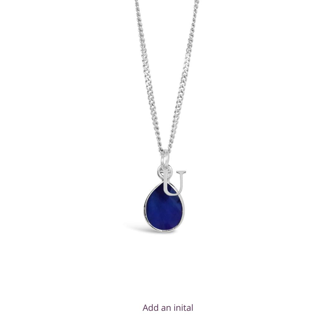 sapphire charm necklace in silver with initial charm