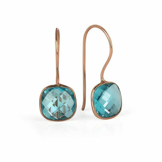 blue topaz earrings in rose gold on a white background
