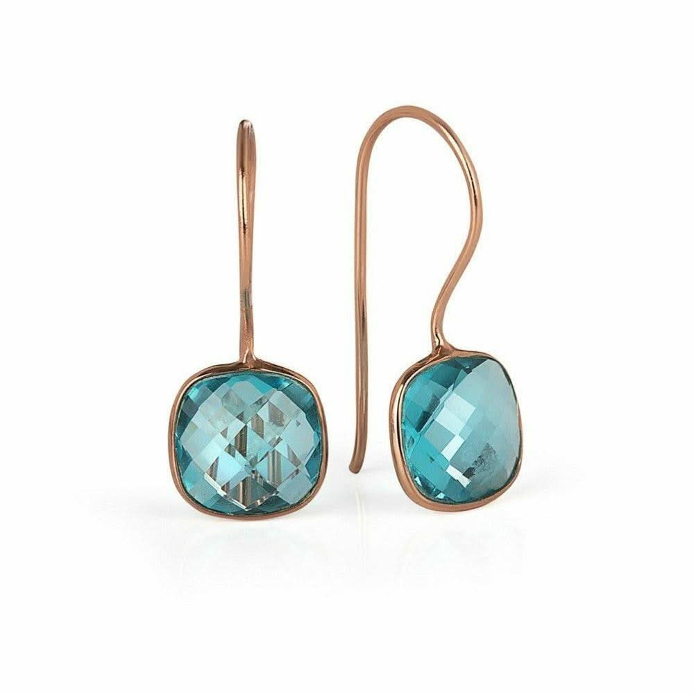 blue topaz earrings in rose gold on a white background