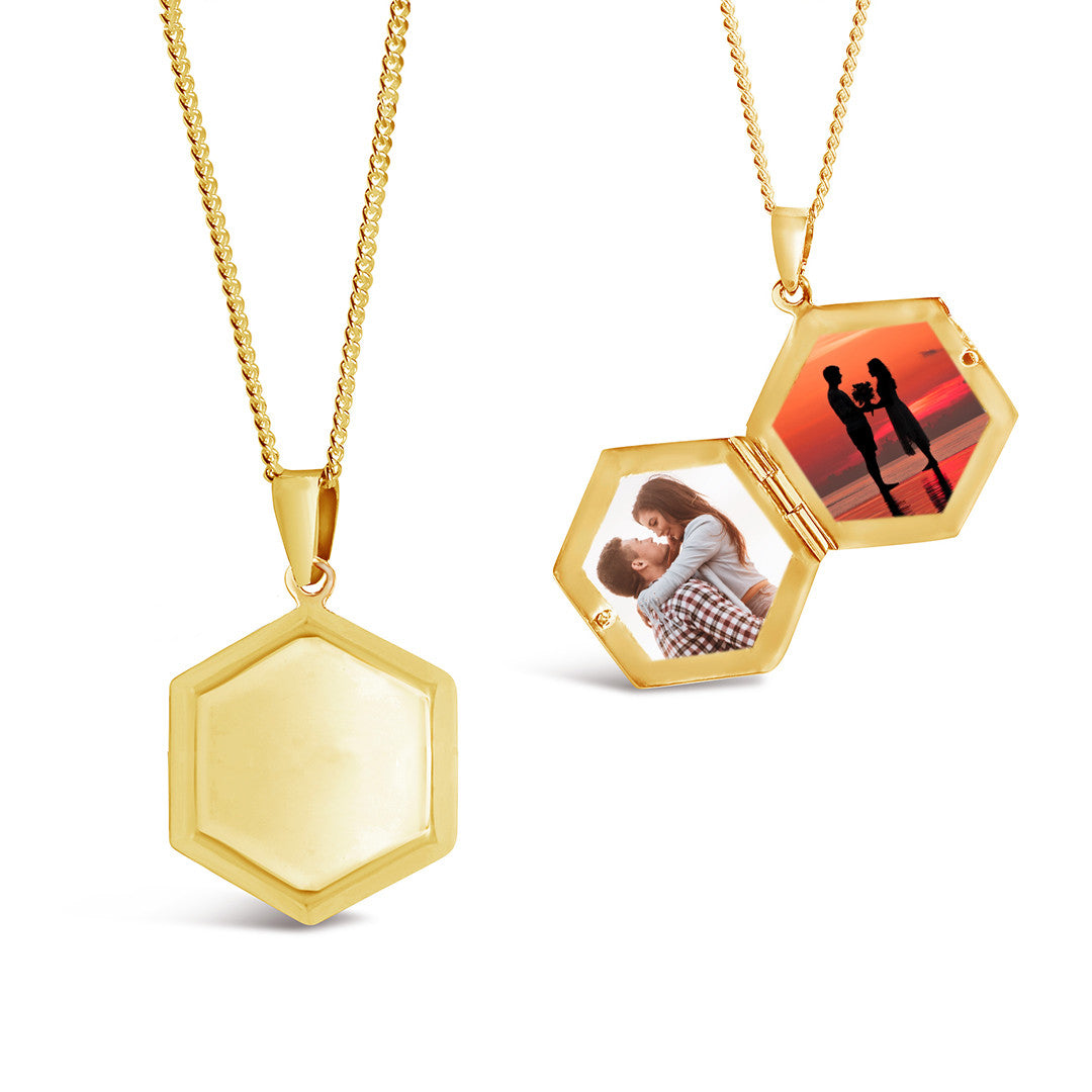 men's hexagon locket in gold with photos inside