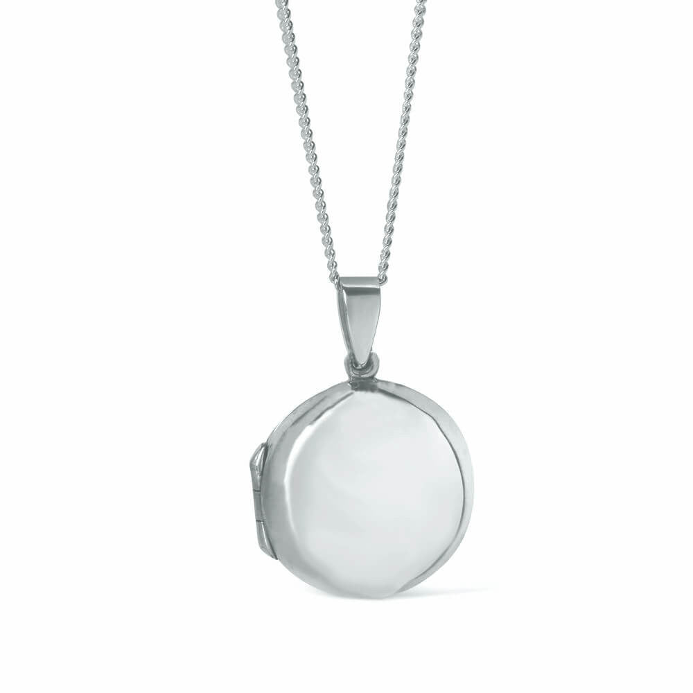mens round locket necklace in silver on a white background
