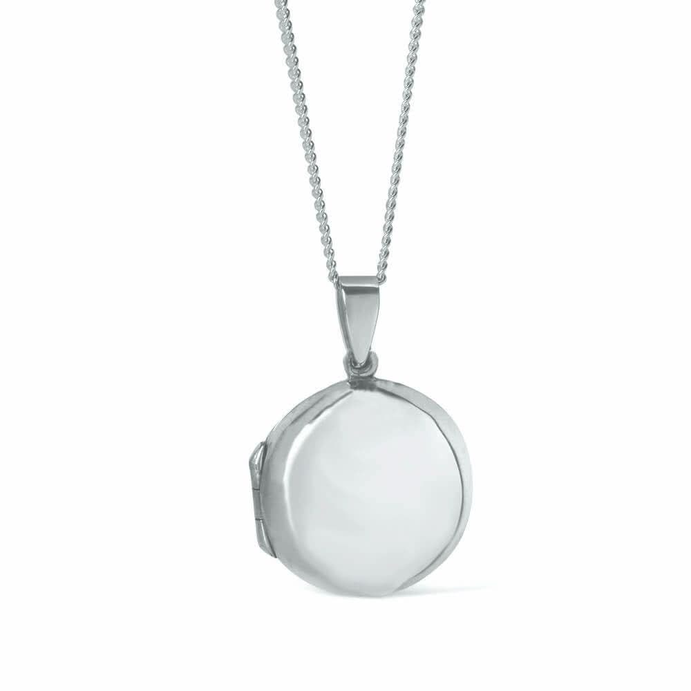 mens round locket necklace in silver on a white background