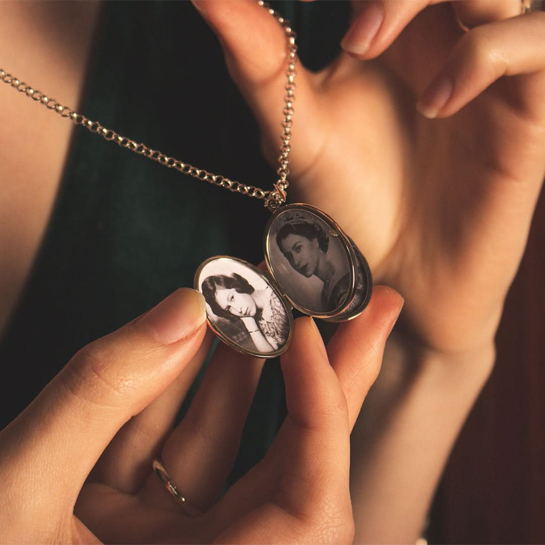 model wearing queen Elizabeth four photo locket