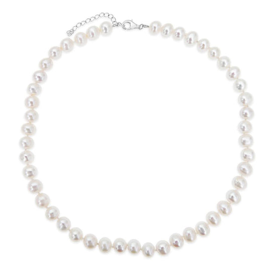 classic pearl necklace in ivory on a white background