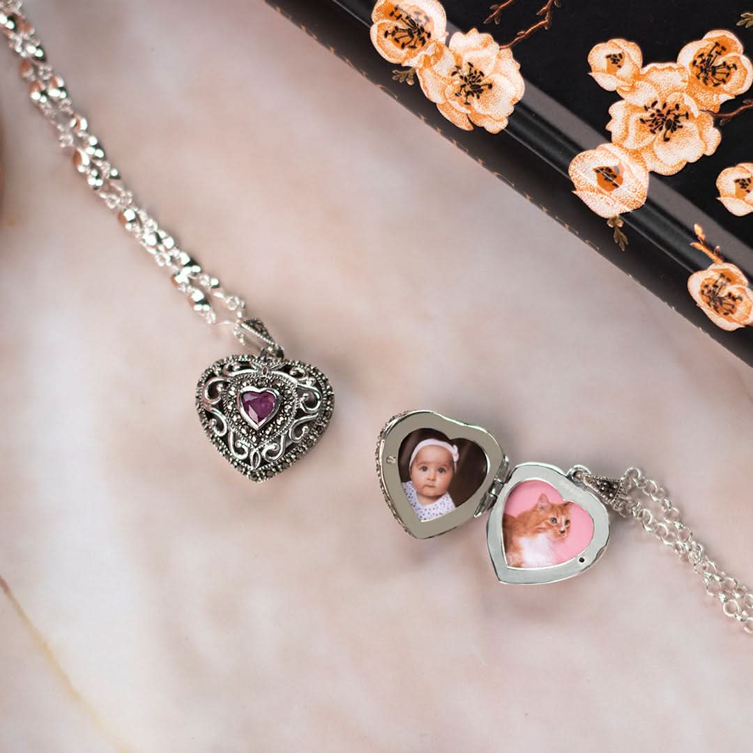 ruby vintage heart locket in silver with photos inside