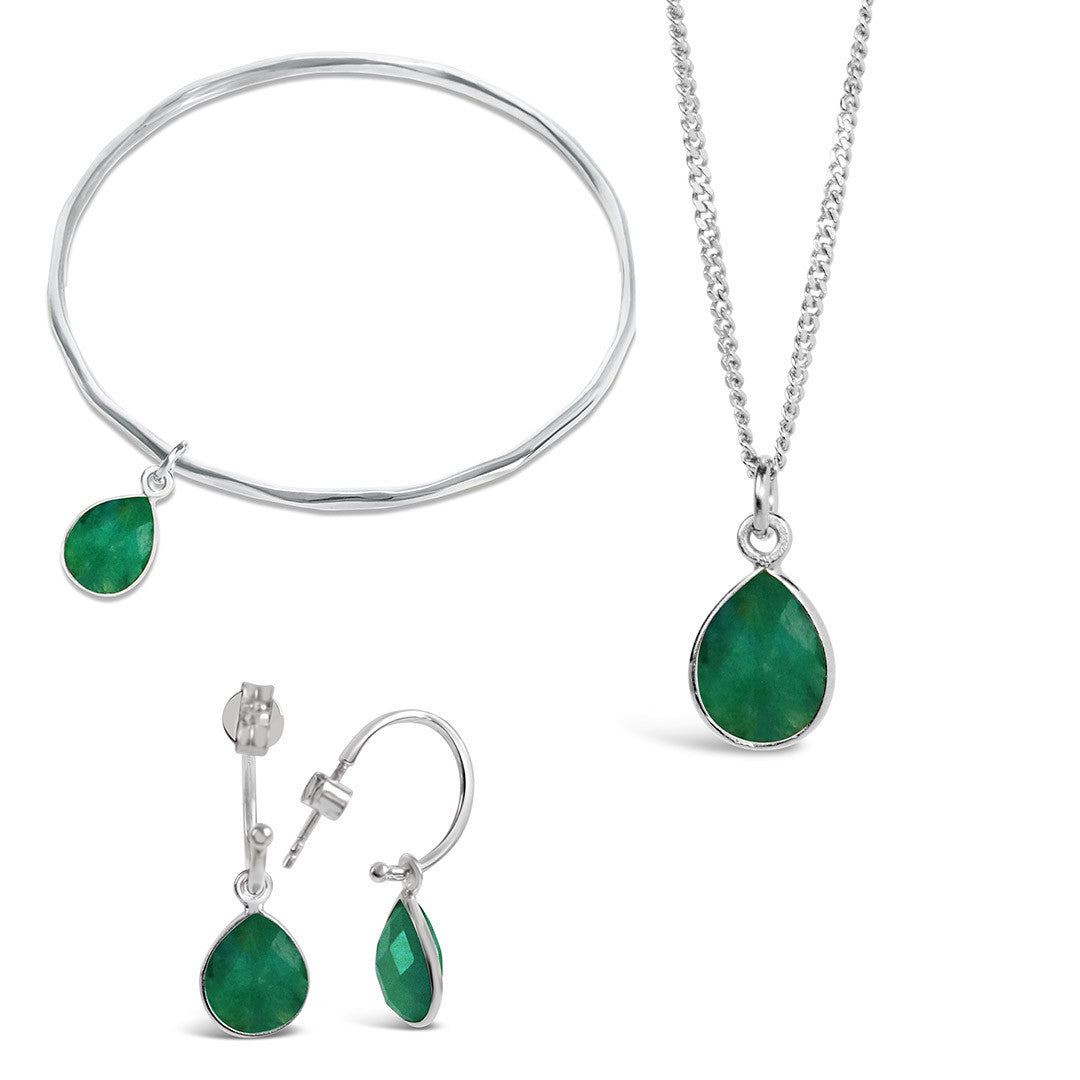 real Emerald birthstone necklace, bangle and hoop earrings in silver settings