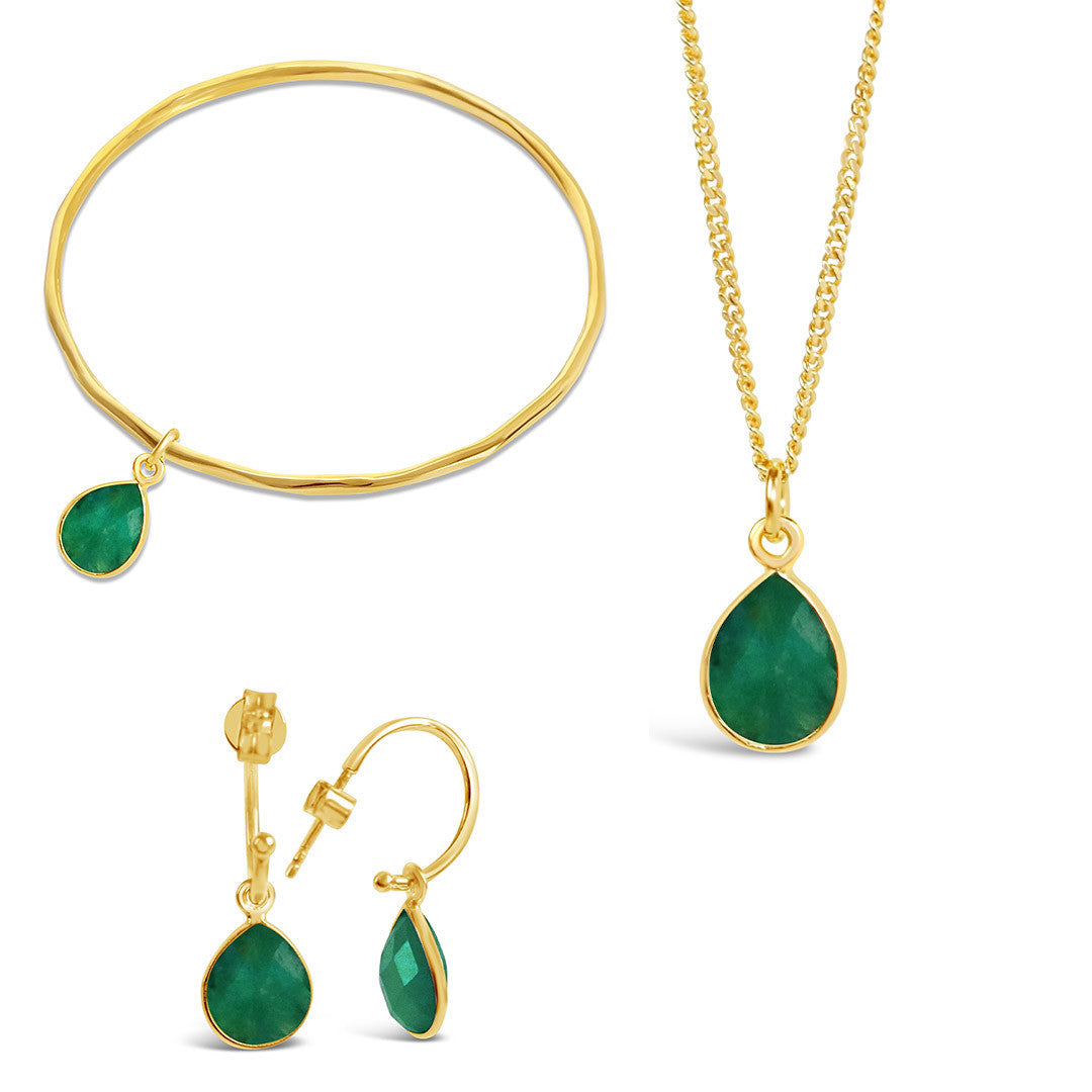 real Emerald birthstone necklace, bangle and hoop earrings in gold settings