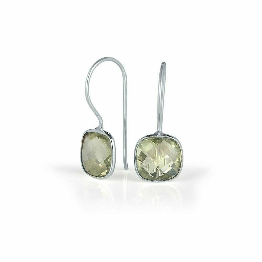 green amethyst earrings in silver on a white background