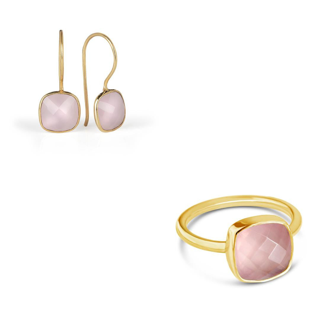 rose quartz cocktail ring and matching earrings in gold on a white background