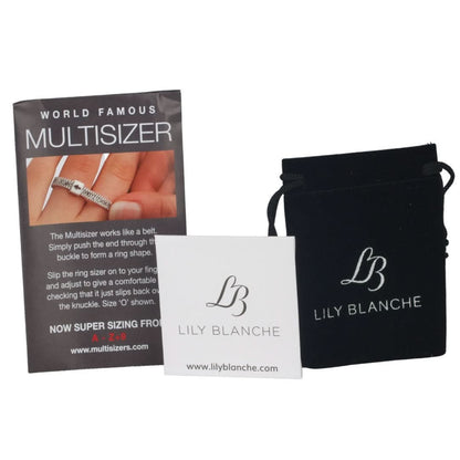 ring sizer, polish cloth and anti-tarnish pouch on a white background