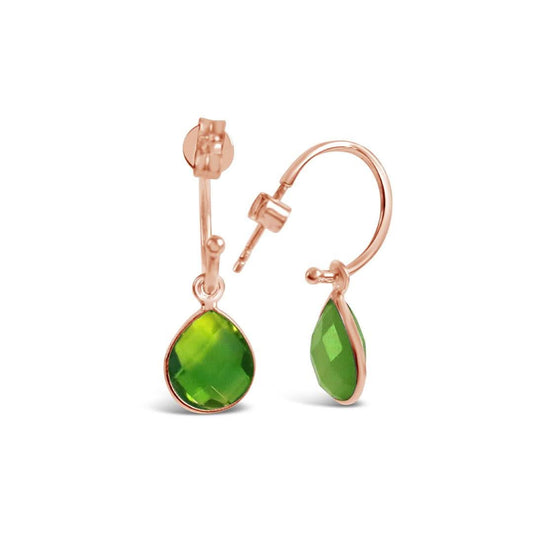 peridot drop hoop earrings in rose gold on a white background