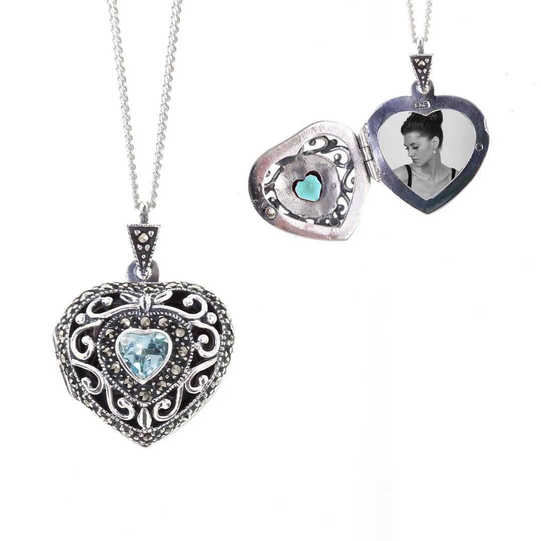 Lily Blanche white gold vintage heart locket with topaz gemstone and photo