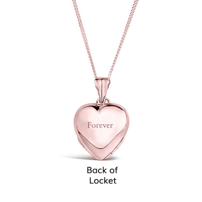 back of four photo heart locket in rose gold engraved with the word forever