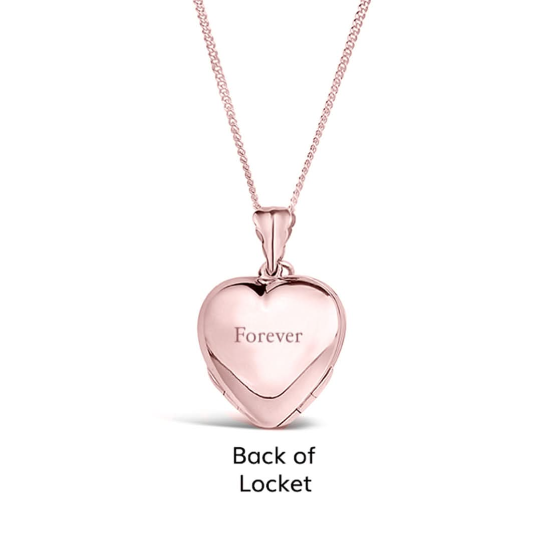 back of four photo heart locket in rose gold engraved with the word forever