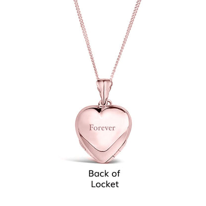 back of four photo heart locket in rose gold engraved with the word forever