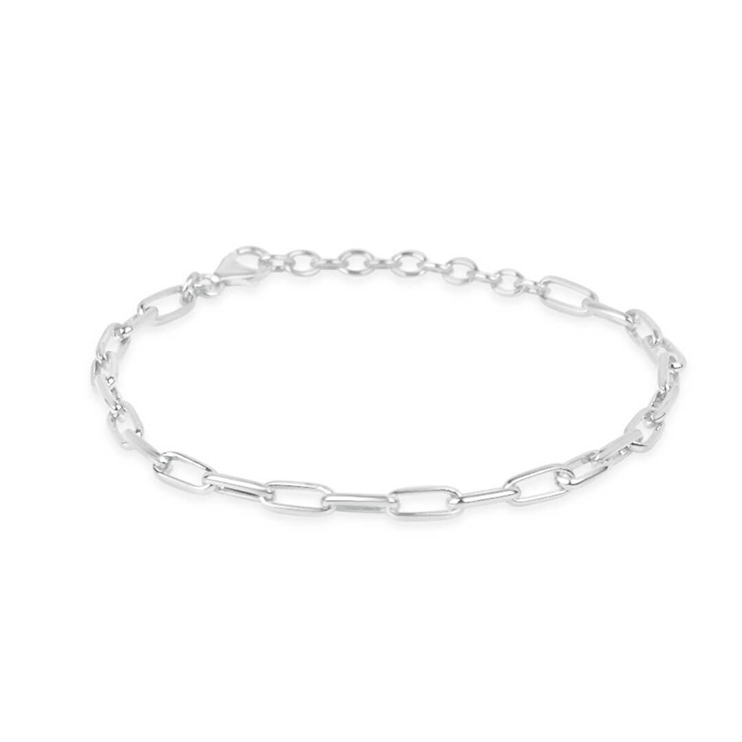 paperclip chain bracelet in silver on a white background