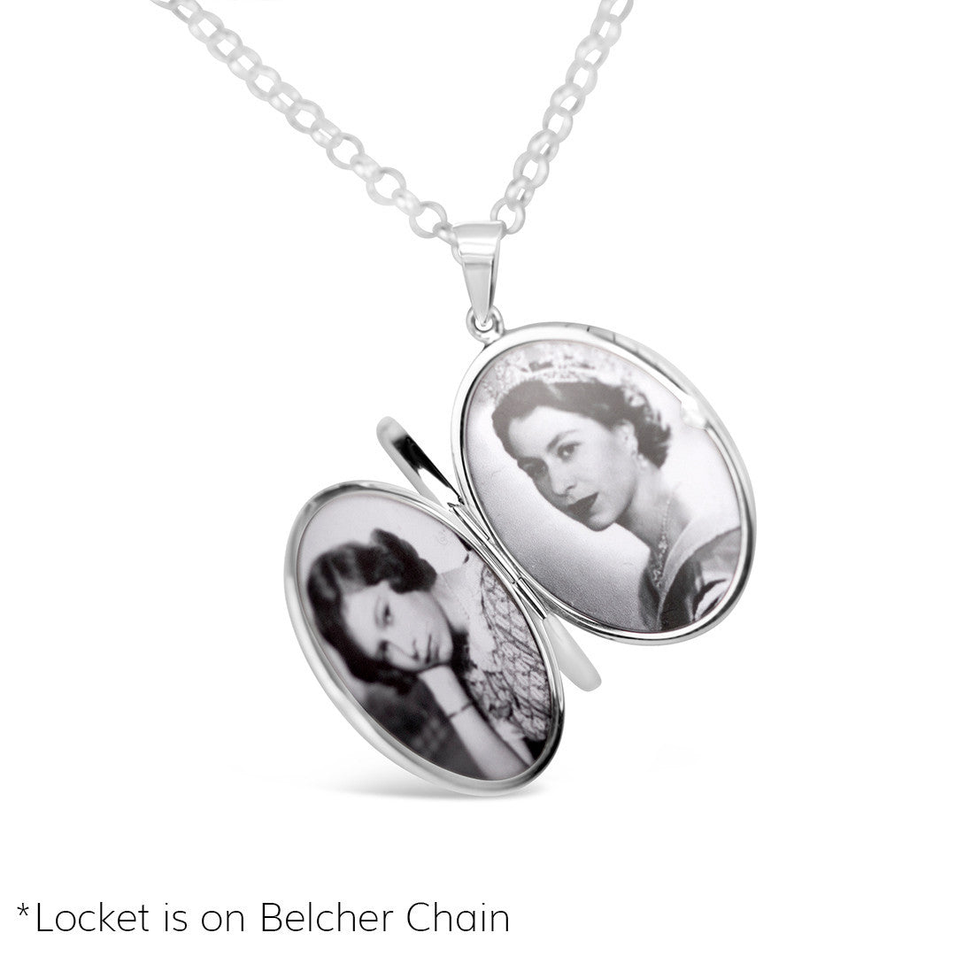 Queen Elizabeth four photo heart locket with a belcher chain on a white background