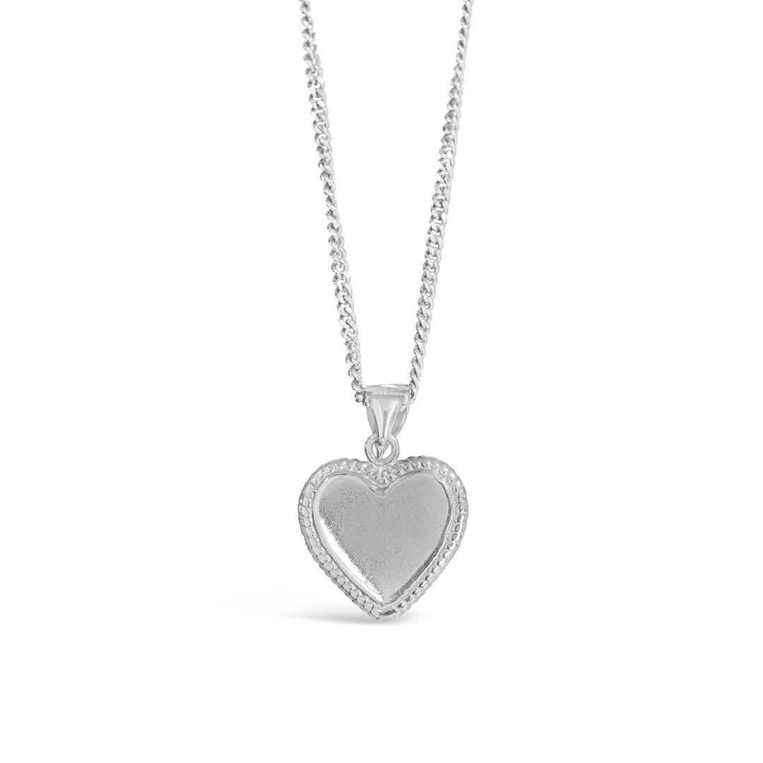 engravable heart necklace in silver on a white background