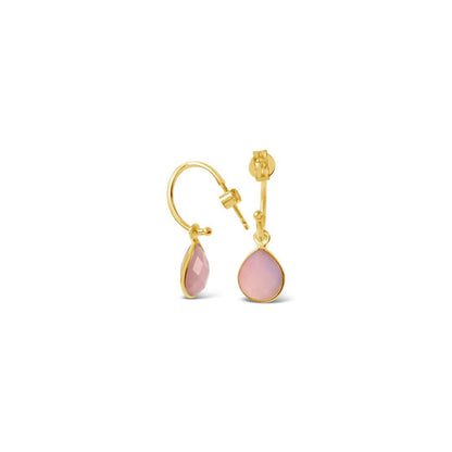 pink opal drop hoop earrings in gold on a white background