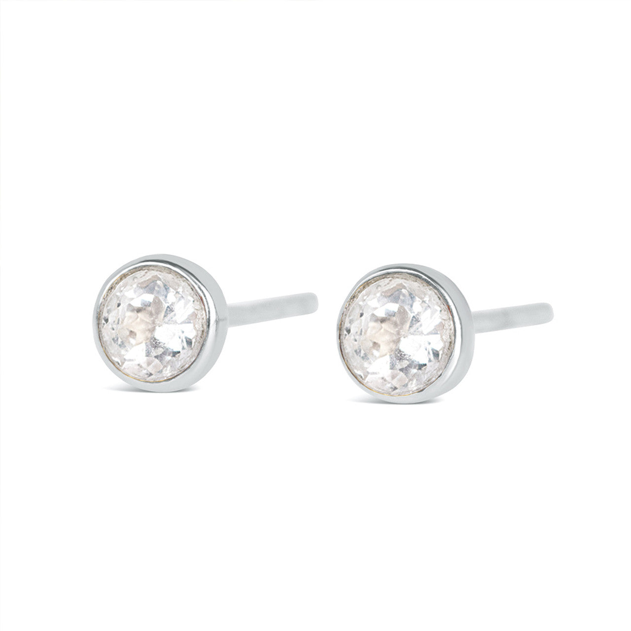White quartz mini stud earrings in silver facing the front on a white background