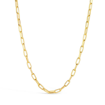 men's paperclip chain necklace in gold on a white background