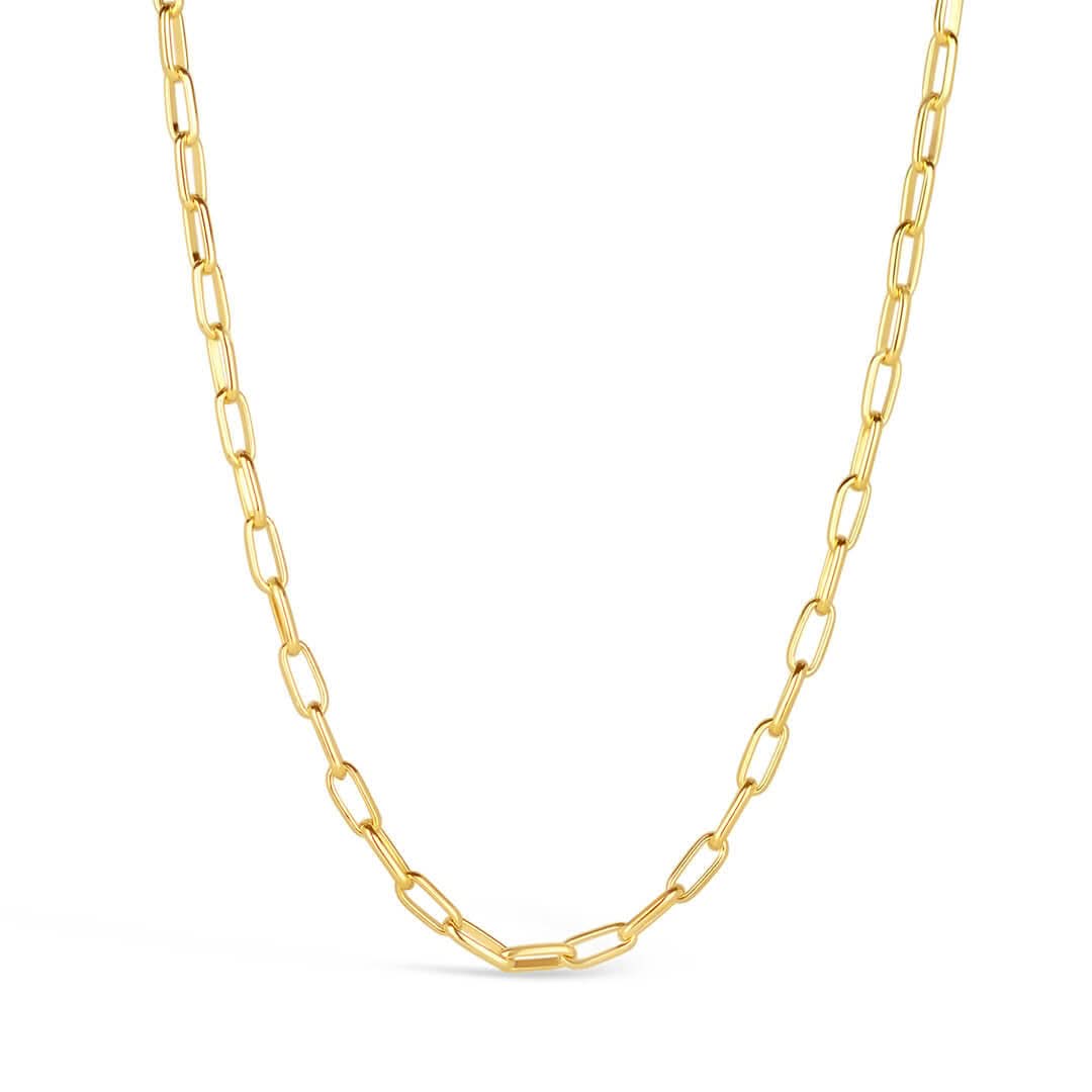men's paperclip chain necklace in gold on a white background