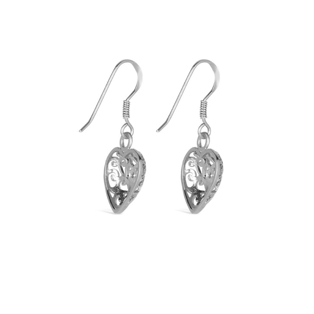 heart earrings in silver on a white background