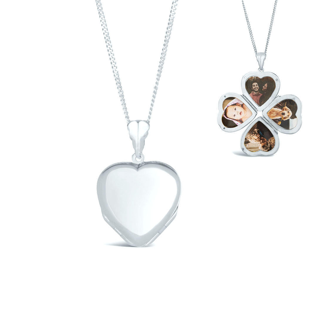 white gold four picture heart locket with opened and closed view on a white background