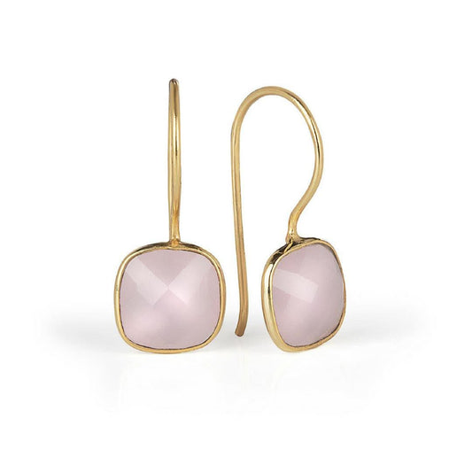 rose quartz earrings in gold on a white background